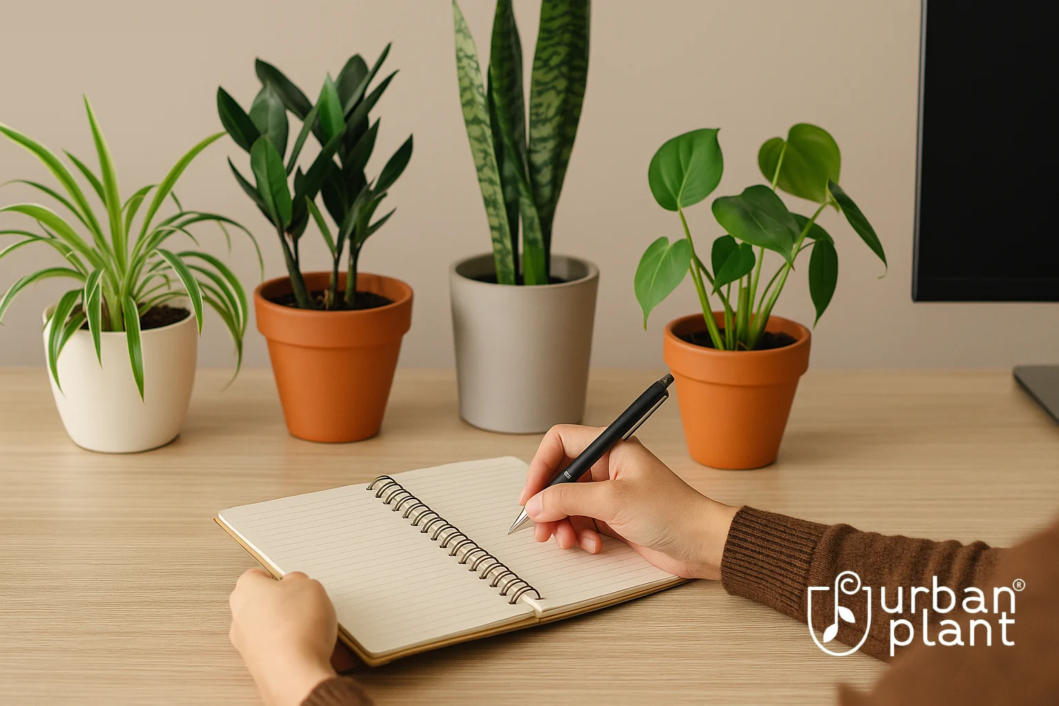 Choosing the right plant for your office space – person planning with notebook while office desk displays Snake Plant, ZZ Plant, Spider Plant, and Philodendron – Urban Plant